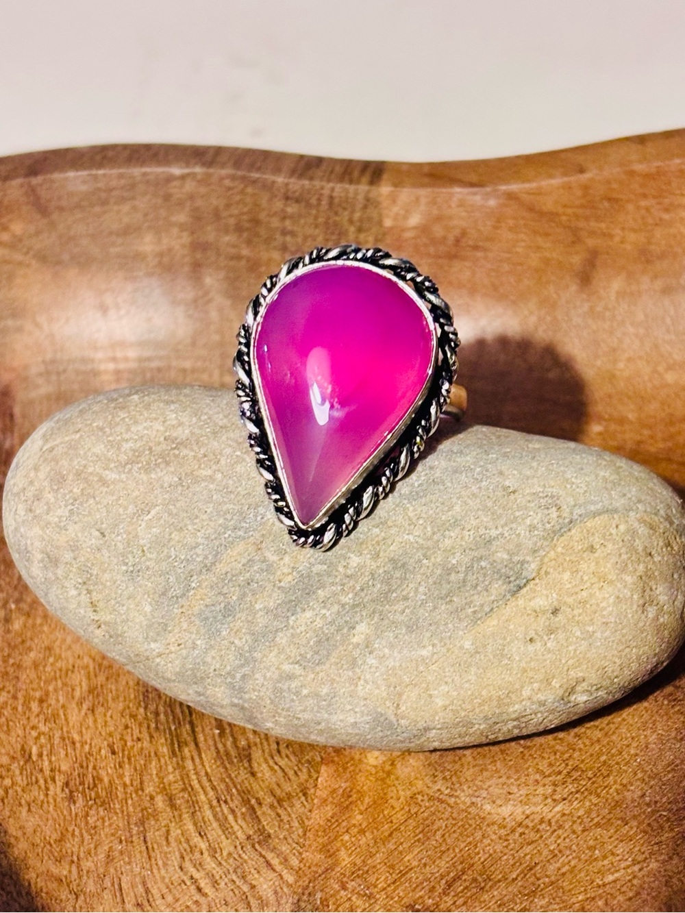 Hot Pink Statement Sterling Silver Boho Teardrop Gemstone Ring | Size 10